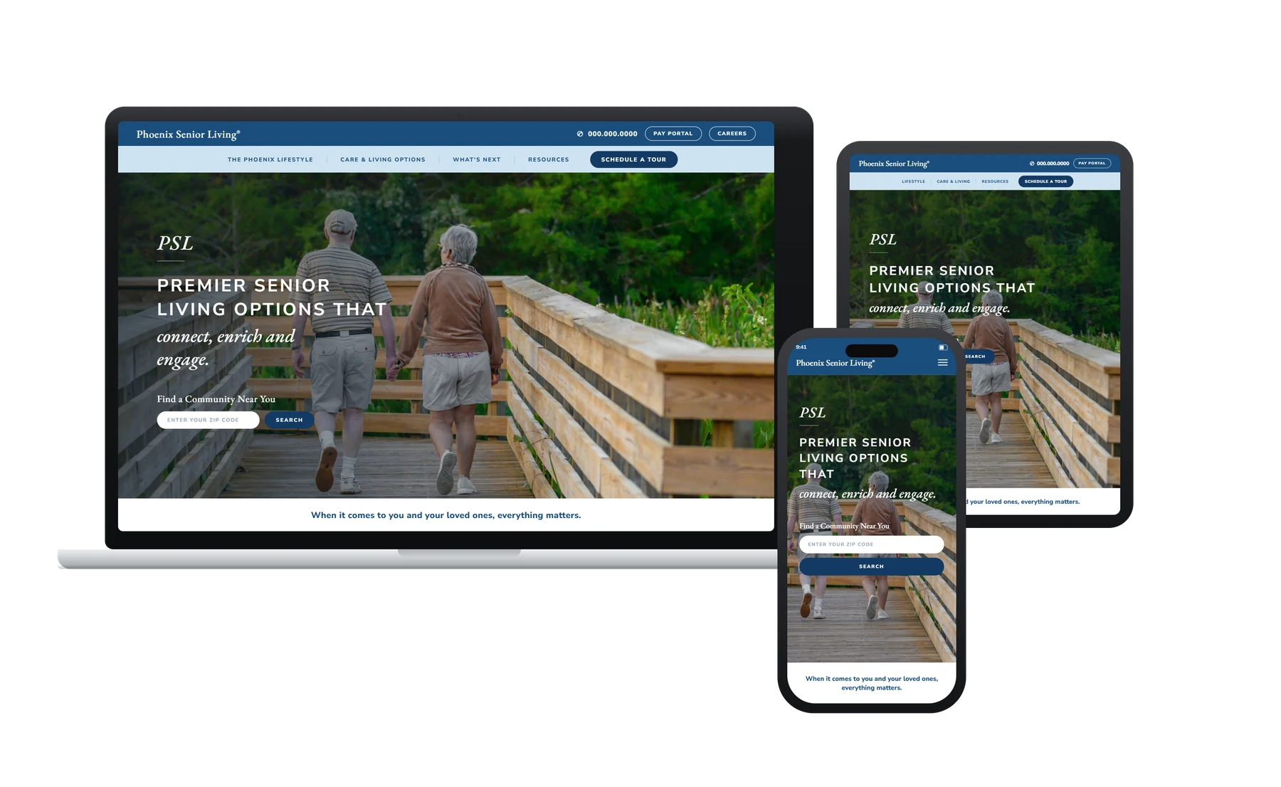 Phoenix Senior Living homepage concept shown on laptop, tablet and phone